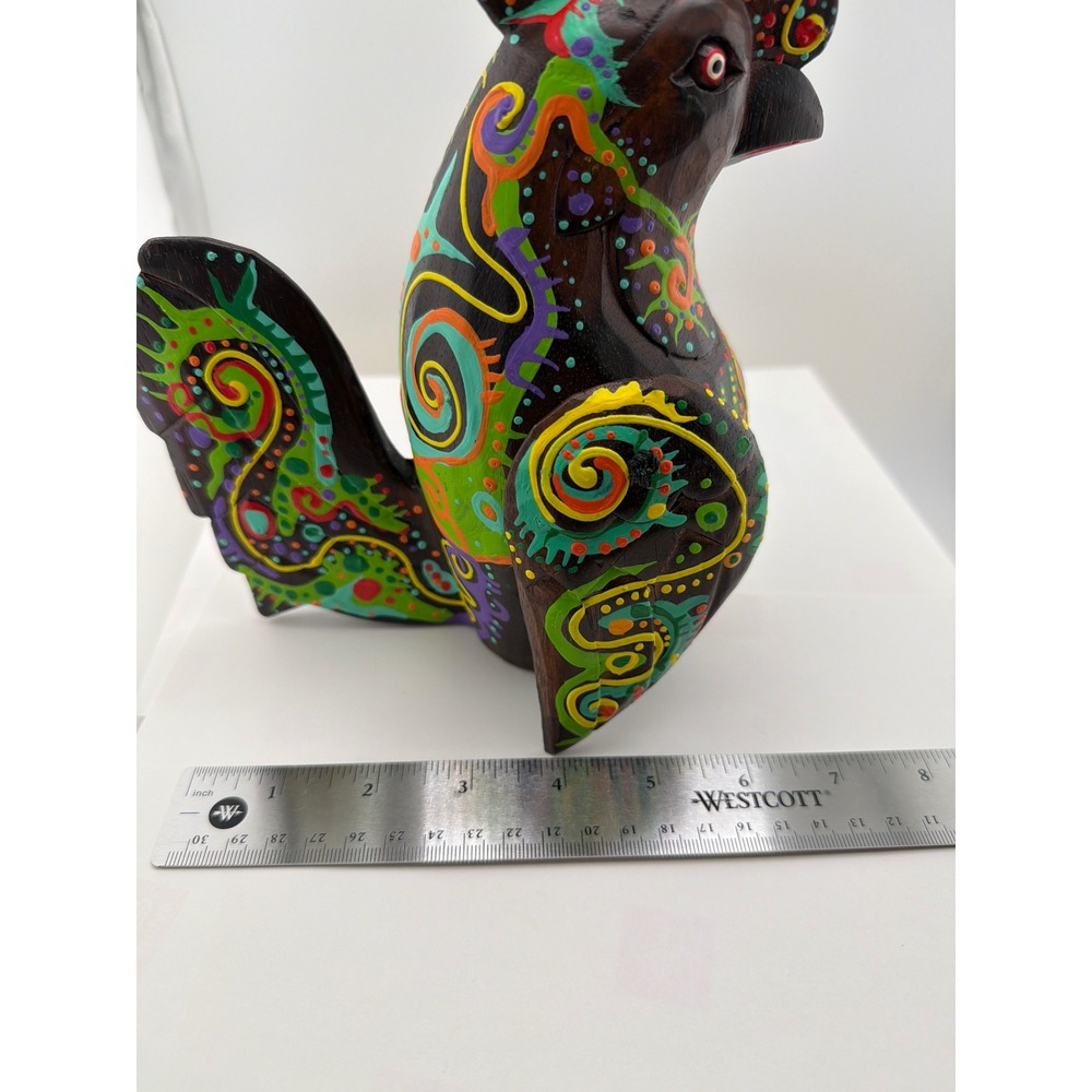 Hand Painted Wood Rooster Figurine Colorful Alebrije Style Folk Art Sculpture - Picture 7 of 7